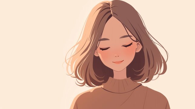 A delightful illustration of a woman with pretty light brown hair showcasing a neutral facial expression in charming cartoon 2d style against a white backdrop She exudes a sense of joy tran