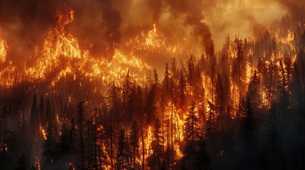Wildfire raging through a forest, showing the devastating impact of climate change on natural disasters.