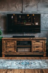 Modern living room cabinet for large tv and storage with houseplant in bright white room