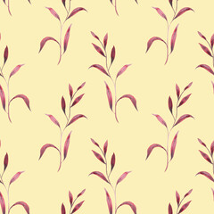 Monochrome burgundy twigs with leaves. Seamless pattern on a yellow background. Hand drawn watercolor illustration. For design, fabrics, textiles, wallpaper, prints, wrapping paper