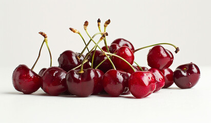 A pile of cherries, their deep red color contrasting beautifully with the pristine white setting.
