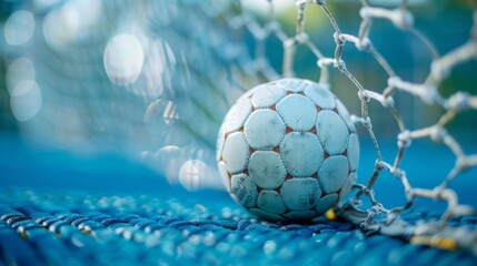 Celebratory moment frozen  handball ball hitting net during goal at summer olympics