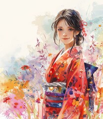 An Asian woman wearing a red kimono standing in a field of flowers