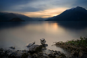 Dreamy sunset on a lake in italy