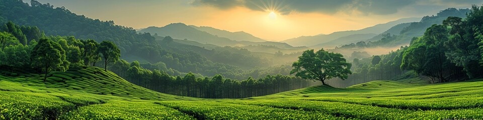 Fototapeta premium In the picturesque farmland valley, highland tea plantations under sunrise create a scenic Asian landscape.