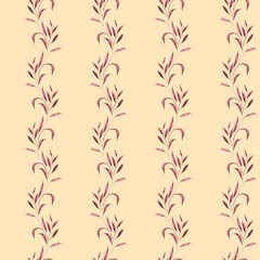 Monochrome burgundy twigs with leaves. Seamless pattern on a yellow background. Hand drawn watercolor illustration. For design, fabrics, textiles, wallpaper, prints, wrapping paper