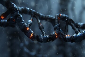 Charred DNA helix in dark forest, mystical and haunting