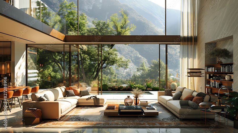 Wall mural living room with floor-to-ceiling windows and abundant natural light, realistic interior design - Wall murals
