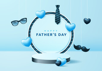 Father's Day. A podium or pedestal with a mustache and glasses on a blue background for a product presentation. Vector illustration.