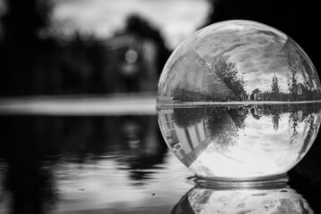 Close up of a crystal ball in black and white