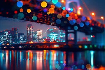 night city bridge, architectural beauty, illuminated structure, close up, focus on, copy space, vivid tones, Double exposure silhouette with river