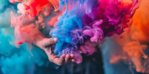 Obraz premium Hands holding colorful swirling smoke, creating a vibrant, artistic effect