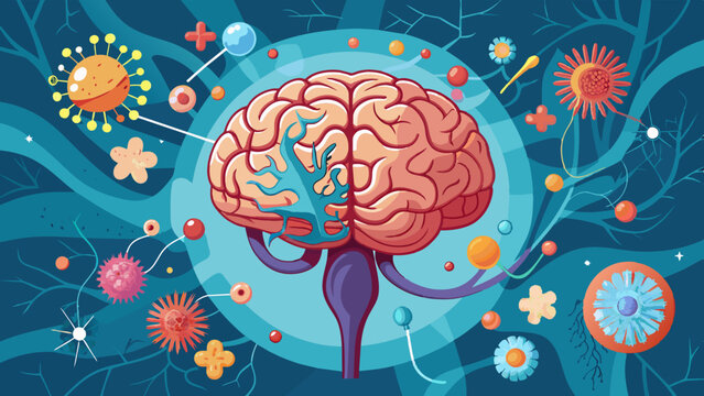 Colorful Illustration of Human Brain Surrounded by Viruses and Bacteria