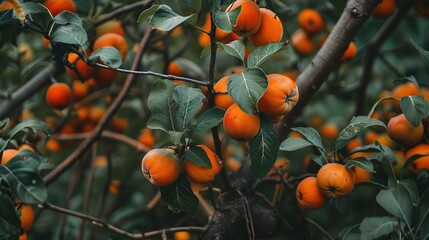 Persimmon tree dramatic mysterious light shade, fruit tree