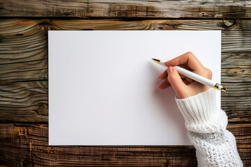 Female hand writing on a blank sheet. Top view. National Writing Day