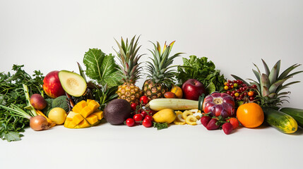 A wide-angle shot showcasing the freshness of assorted tropical fruits, such as mangoes, papayas, and pineapples, interspersed with a variety of fresh vegetables