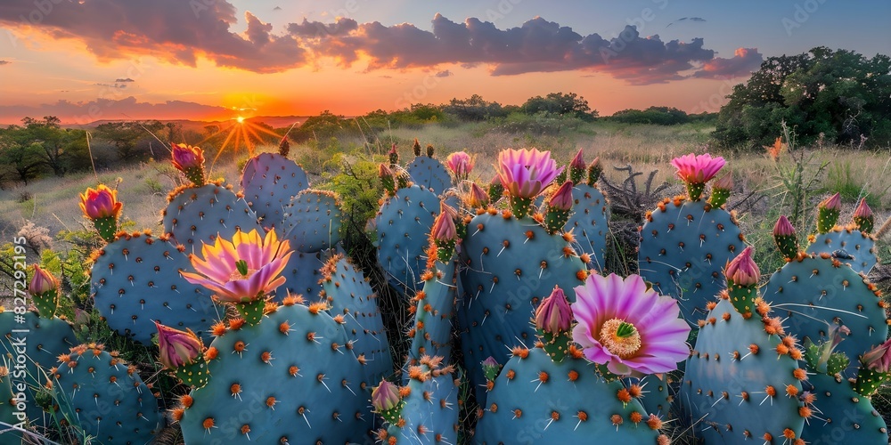 Wall mural Vibrant cactus flowers at sunset in the rural Texas scenery. Concept Nature, Photography, Landscape, Sunset, Texas