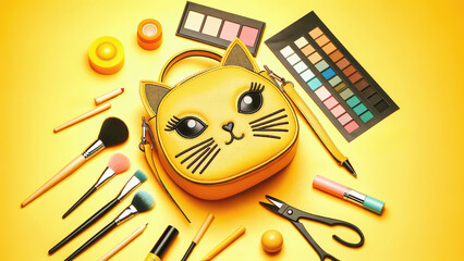 A cute yellow cat-themed makeup bag surrounded by makeup brushes, palettes, and beauty tools on a bright yellow background, creating a playful and vibrant scene.