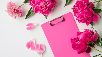 Pink flowers and a pink clipboard with a white background