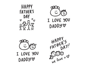 Doodle line Hand written quote Happy Fathers Day. Family smile with kid drawings. Isolated Design concept for banner, greeting card.