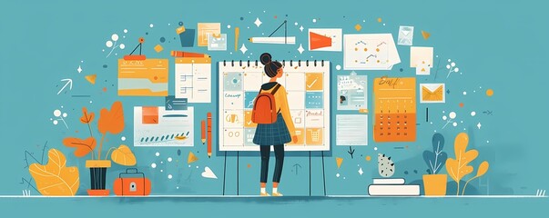 Design a flat style scene of a person using a planner to organize work and personal tasks