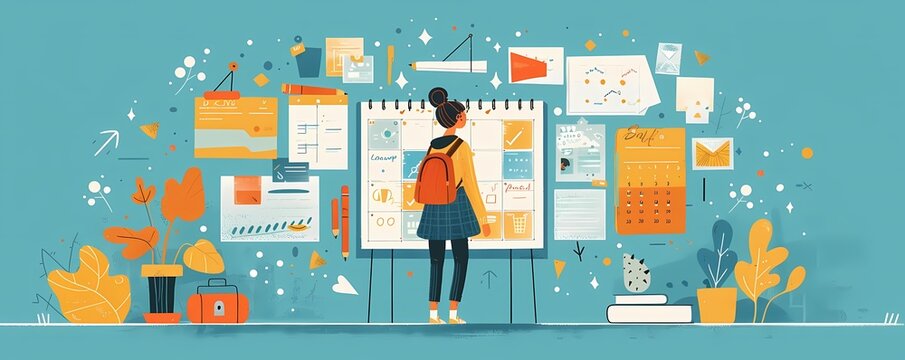 Design a flat style scene of a person using a planner to organize work and personal tasks