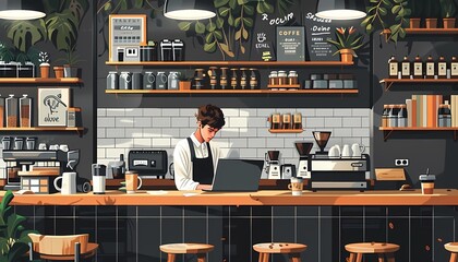 Design a flat style scene of a person working remotely from a beach