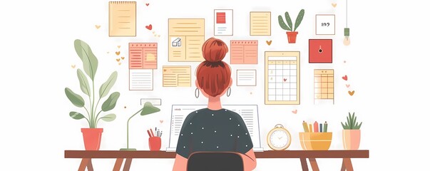 Design a flat style scene of a person using a planner to organize work and personal tasks
