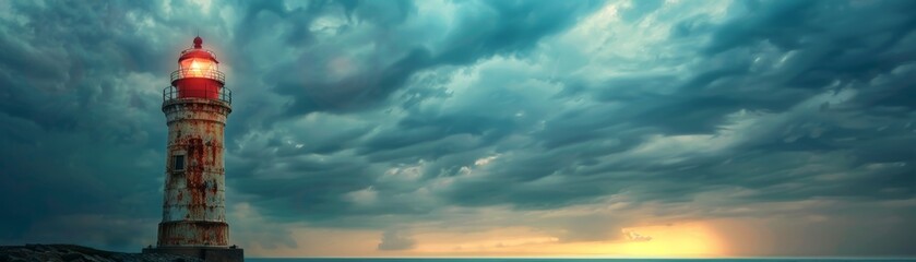 Obraz premium Dramatic lighthouse at sunrise with stormy clouds. Captivating seascape showcasing the guiding light of the lighthouse amidst turbulent weather.