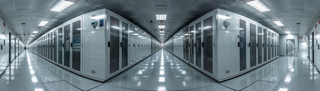 A long, mirrored hallway with rows of white server cabinets on both sides.