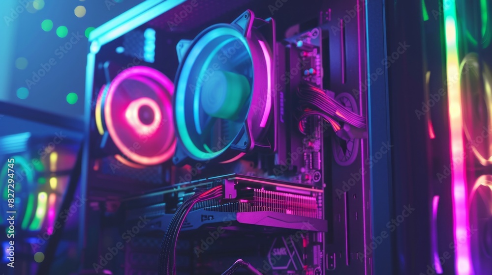 Poster a computer case with neon lights and a colorful fan