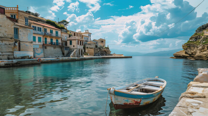 Fototapeta premium Photo of a small fishing boat in a Sea Port of an old Mediterranean town, shot at noon in the summertime.