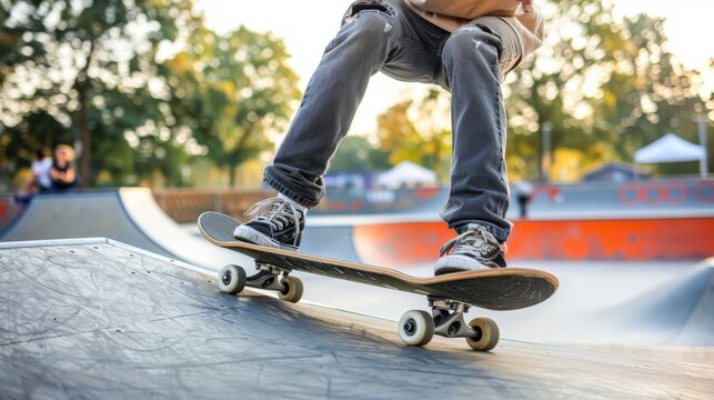 Skateboarder showcasing agility on half pipe at summer olympic games, demonstrating skill