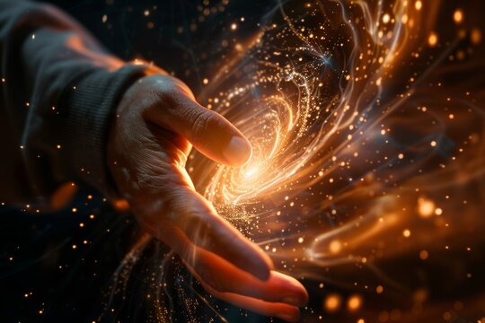 First contact. hand touching spinning vortex of light particles - neuronal network concept - Powered by Adobe