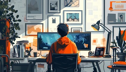 Create a flat design of a person enjoying a hobby after work hours