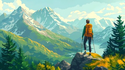 Create a flat design of a person enjoying a weekend hike in the mountains