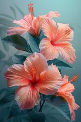 Two Pink Flowers With Green Leaves on a Blue Background