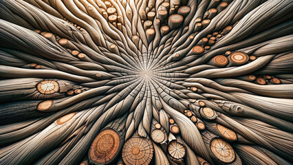 An intricate, detailed close-up of wooden textures radiating from a central point, showcasing natural patterns and organic beauty in a mesmerizing spiral formation.
