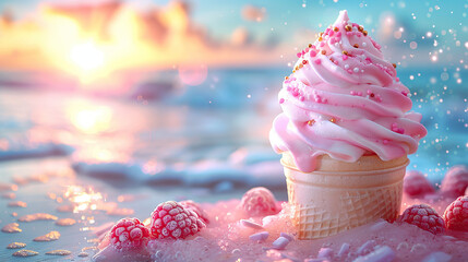 ice cream cone strawberry on beach with space for text