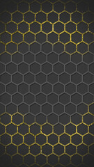 Gold Hexagons Design. Gold shine hexagon mesh design with dark grey background, vertical format.