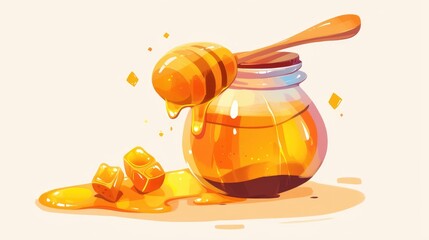 A delightful 2d illustration showcases golden honey in a glass jar cascading down from a spoon set against a clean white backdrop in charming cartoon flat style