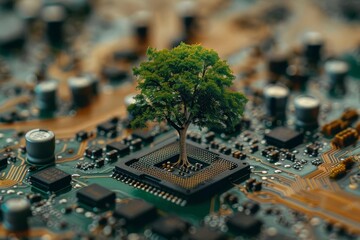 a tree is growing out of a mainboard in a sustainable environment