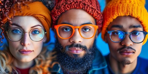 A fun-loving group of hipster students taking a hilarious selfie in hats at a party.