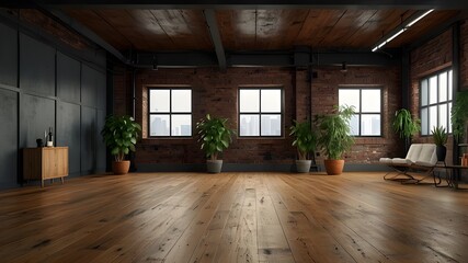 Fototapeta premium Vacant modern loft space including plants on a wooden floor. Artificial Intelligence