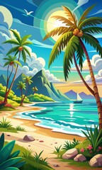 Fototapeta premium Watercolor beach with palm trees and sun, landscape, seascape background. 
