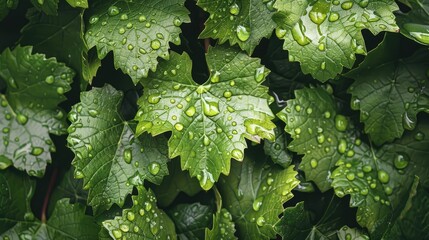 Close up image of damp green grape leaves