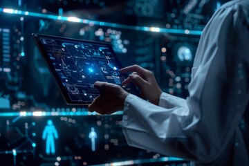 Digital healthcare innovation. doctor uses tablet for patient data entry in health data network