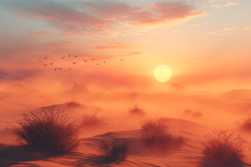 Obraz premium Birds flying over a desert landscape at dawn, the sandy dunes and rugged terrain highlighted by the soft, warm light of the rising sun.