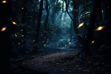 fireflies in a forest, dark magical mood