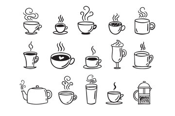 Obraz premium Hand drawn hot drinks set. Doodle coffee cups white background. Coffee, tea, cappuccino, espresso, latte, americano, hot chocolate
